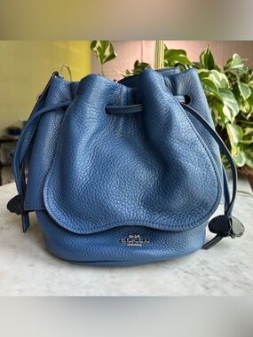 COACH Pebbled Leather Blue Drawstring Bucket Bag - Coach Signature